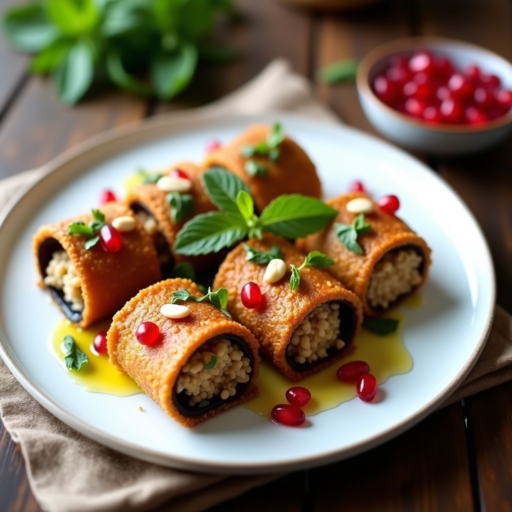 Rollitos de berenjena dorados y crujientes rellenos de quinoa especiada y semillas de granada rojas, servidos en una bandeja de madera con hojas de menta y un chorrito de aceite de oliva, receta libanesa vegana.