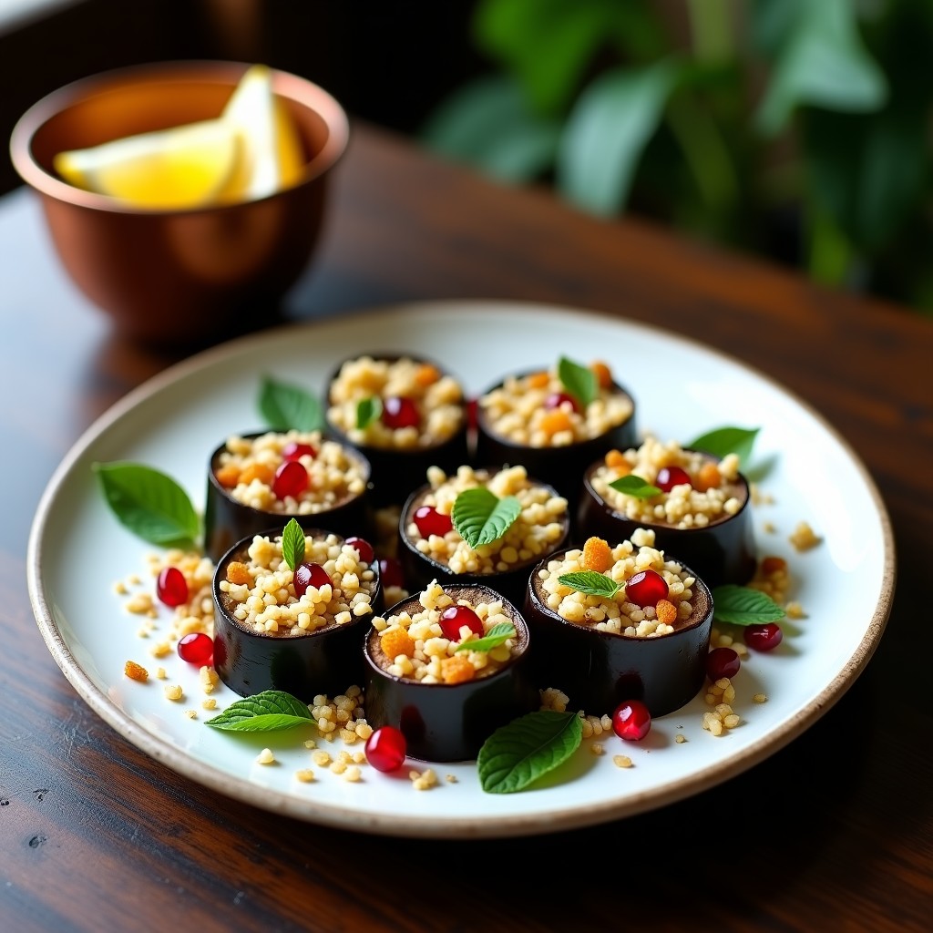 Rollitos de berenjena asada rellenos de quinoa y pasas, servidos en plato blanco rústico con semillas de granada y hierbabuena fresca, receta vegana inspirada en la cocina turca.