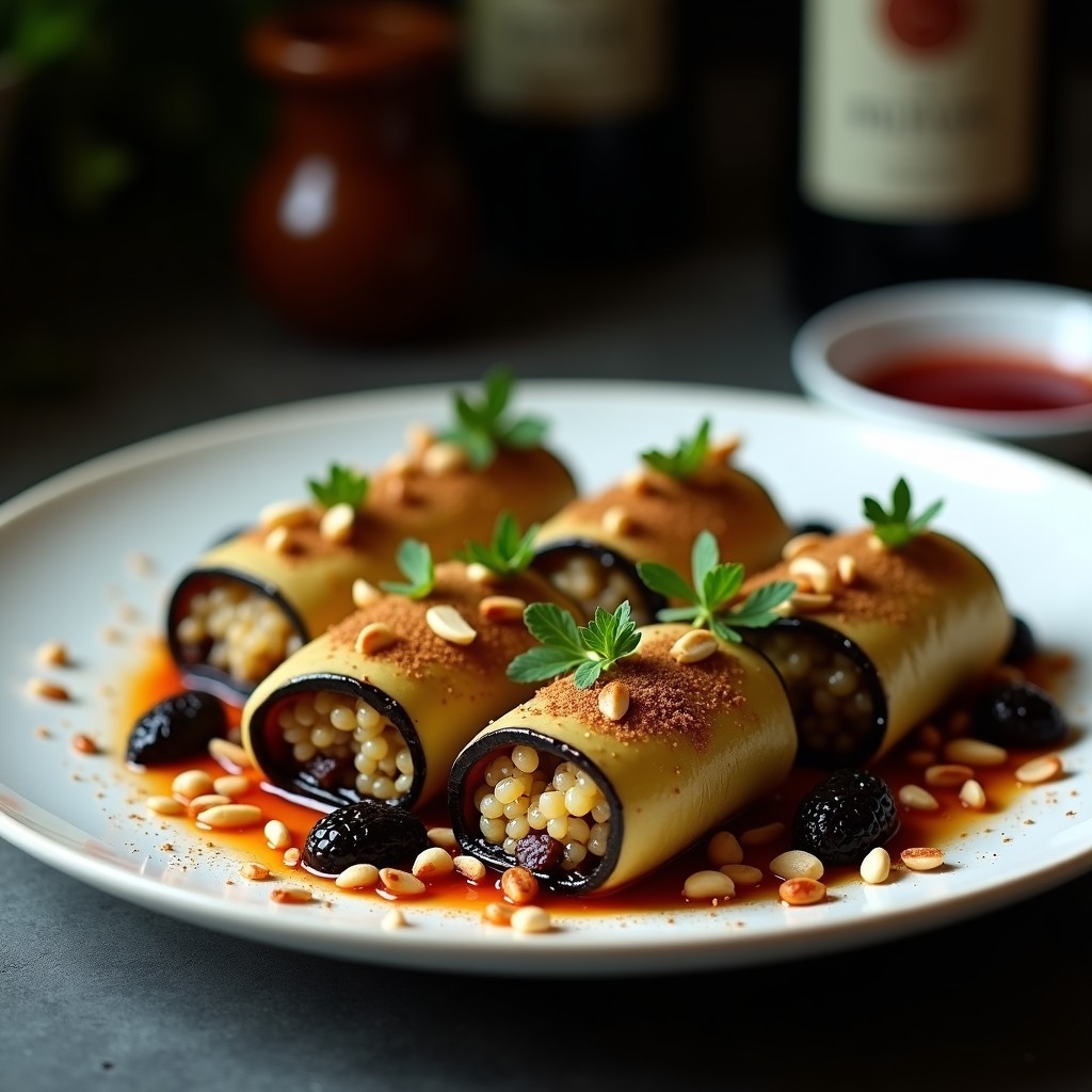 Rollitos de berenjena rellenos de quinoa y pasas al vino, receta árabe en olla express, servidos en plato blanco con reducción de vino y perejil fresco.