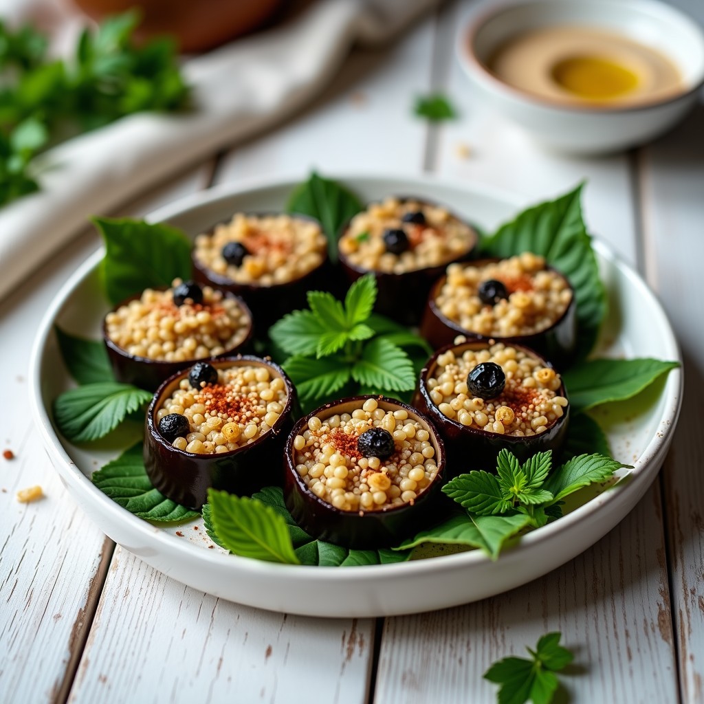 Rollitos de berenjena con relleno de quinoa y pasas dispuestos en fuente de cerámica blanca, espolvoreados con semillas de sésamo y acompañados de salsa de tahini. plato libanés vegano sin horno.