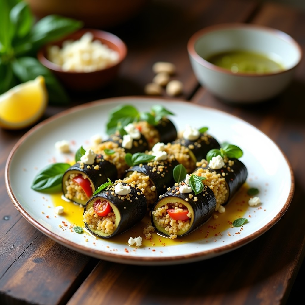 Rollitos de berenjena y calabacín rellenos de quinoa y pesto de albahaca, con queso feta desmenuzado, servidos en plato blanco rústico sobre fondo de madera oscura, receta mediterránea sin gluten.