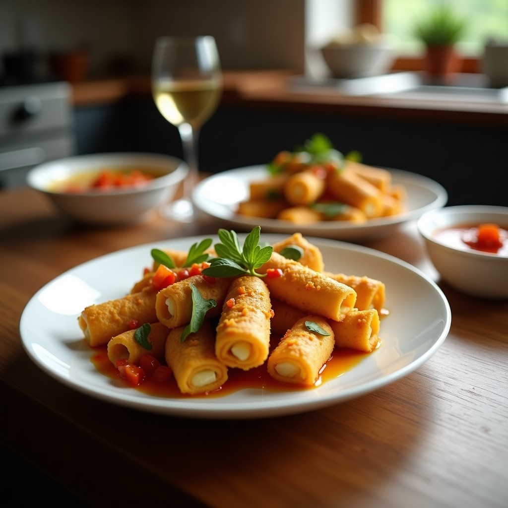 Rollitos de berenjena dorados y crujientes rellenos de ricotta salada y pesto de rúcula, servidos en una bandeja de madera con hojas de albahaca fresca y piñones tostados, aperitivo italiano en airfryer sin aceite.