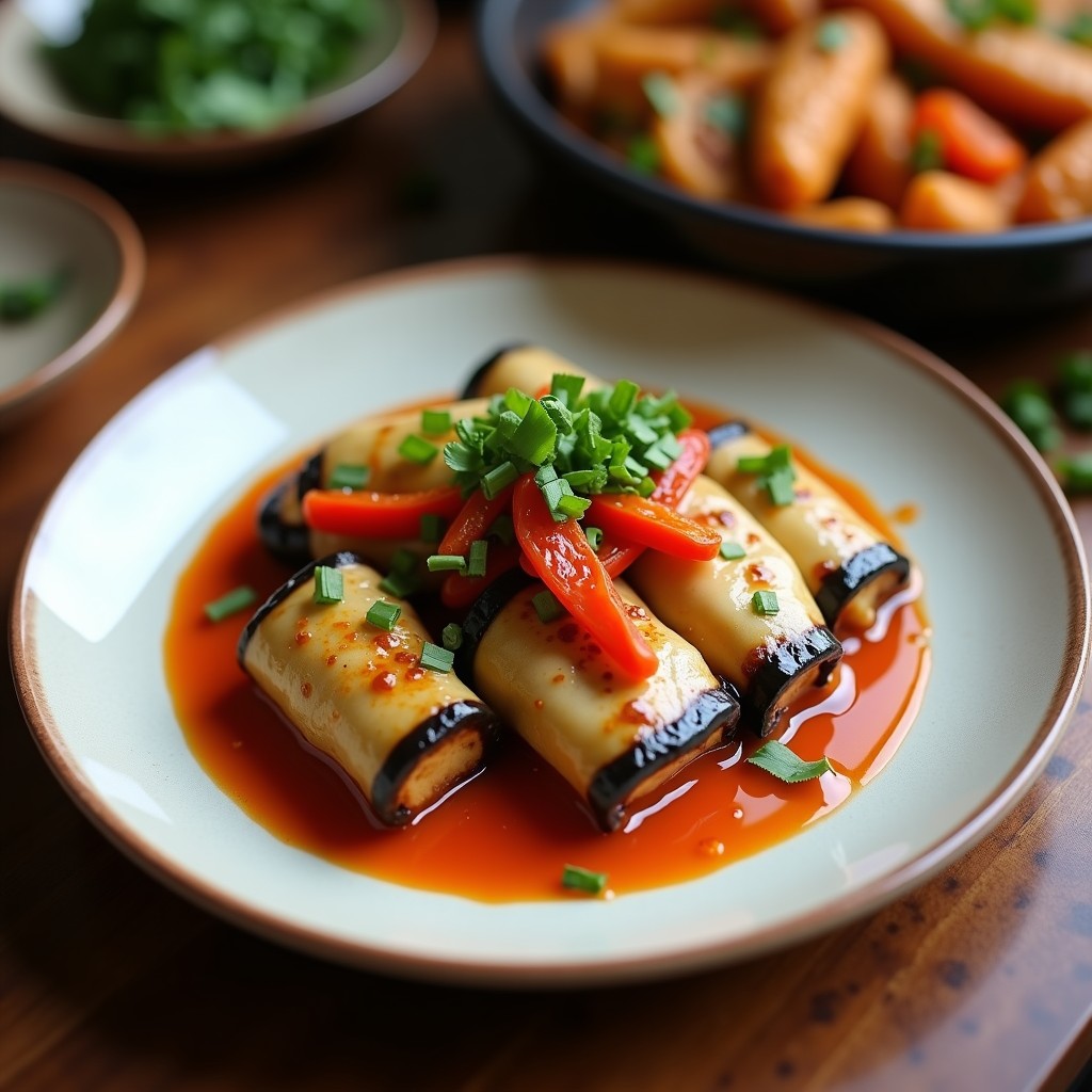 Rollitos de berenjena dorados rellenos de tofu ahumado y pimientos asados, dispuestos en bandeja rústica de barro con hojas de albahaca fresca y un hilo de aceite de oliva, receta vegana al horno.