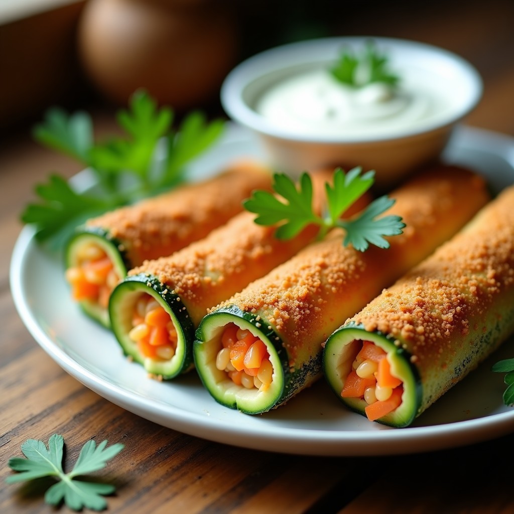 Rollitos de calabacín rellenos de arroz salvaje y zanahoria dorados en airfryer, servidos en plato blanco con hierbas frescas y salsa de yogur al lado.