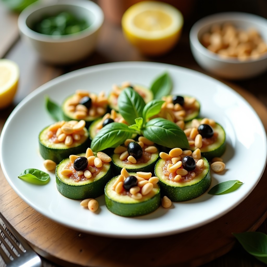 Rollitos de calabacín fresco rellenos de atún, aceitunas y queso Pecorino, decorados con albahaca y un hilo de aceite de oliva sobre un plato blanco rústico. Receta italiana baja en calorías.