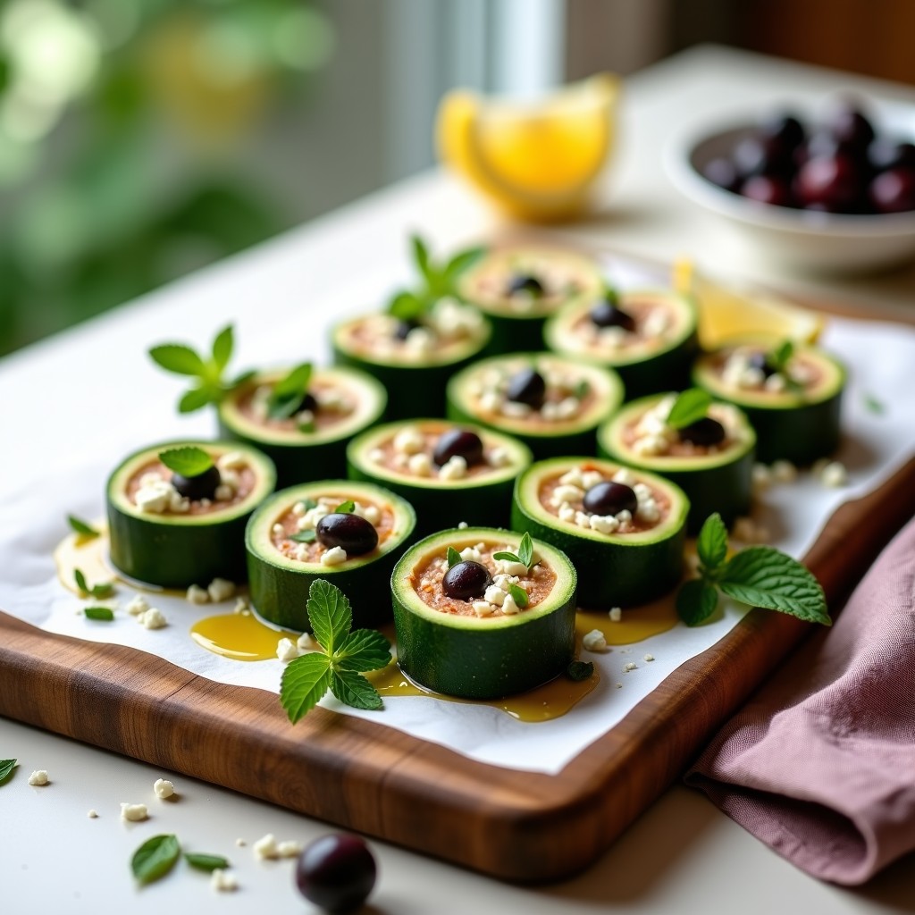 Bandeja de madera con rollitos de calabacín rellenos de atún y aceitunas Kalamata, decorados con hojas de menta fresca y servidos sobre papel de horno. Entrante griego sin cocción, fresco y colorido.