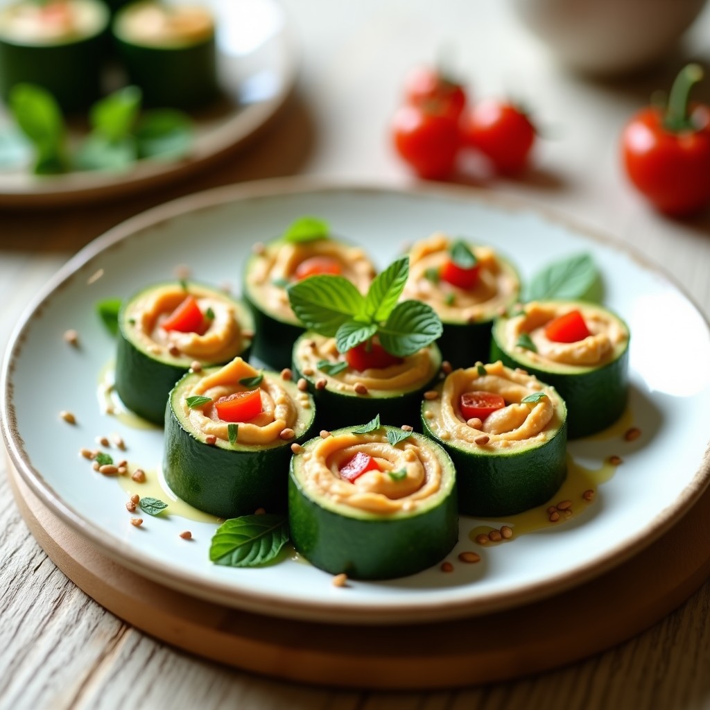 Rollitos de calabacín crudo rellenos de hummus cremoso y tiras de pimiento asado rojo, decorados con perejil fresco y semillas de sésamo sobre un plato blanco rústico. Receta crudivegana de rollitos de calabacín con hummus y pimientos asados.