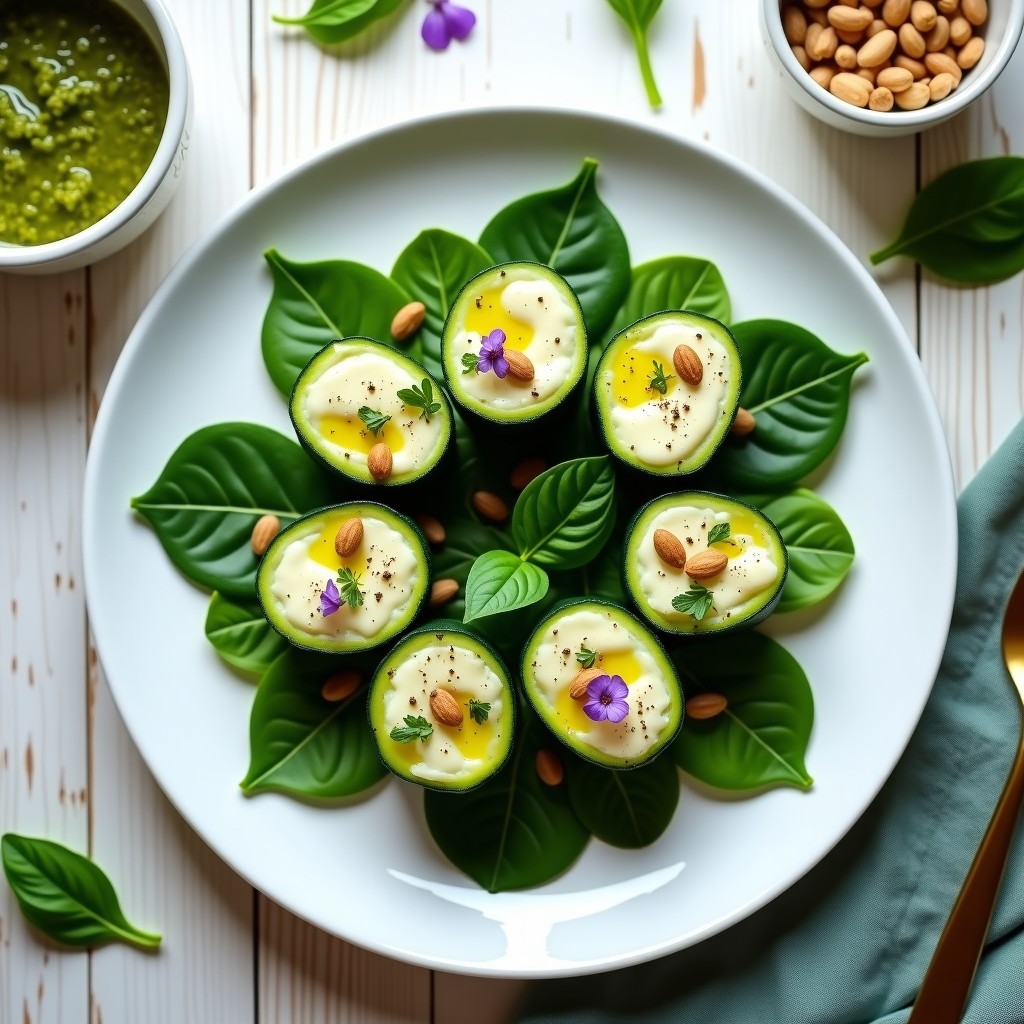 Plato blanco elegante con rollitos de calabacín verde rellenos de queso de almendras cremoso y pesto de albahaca, decorados con hojas de espinaca baby y piñones tostados. Receta crudivegana sin gluten.