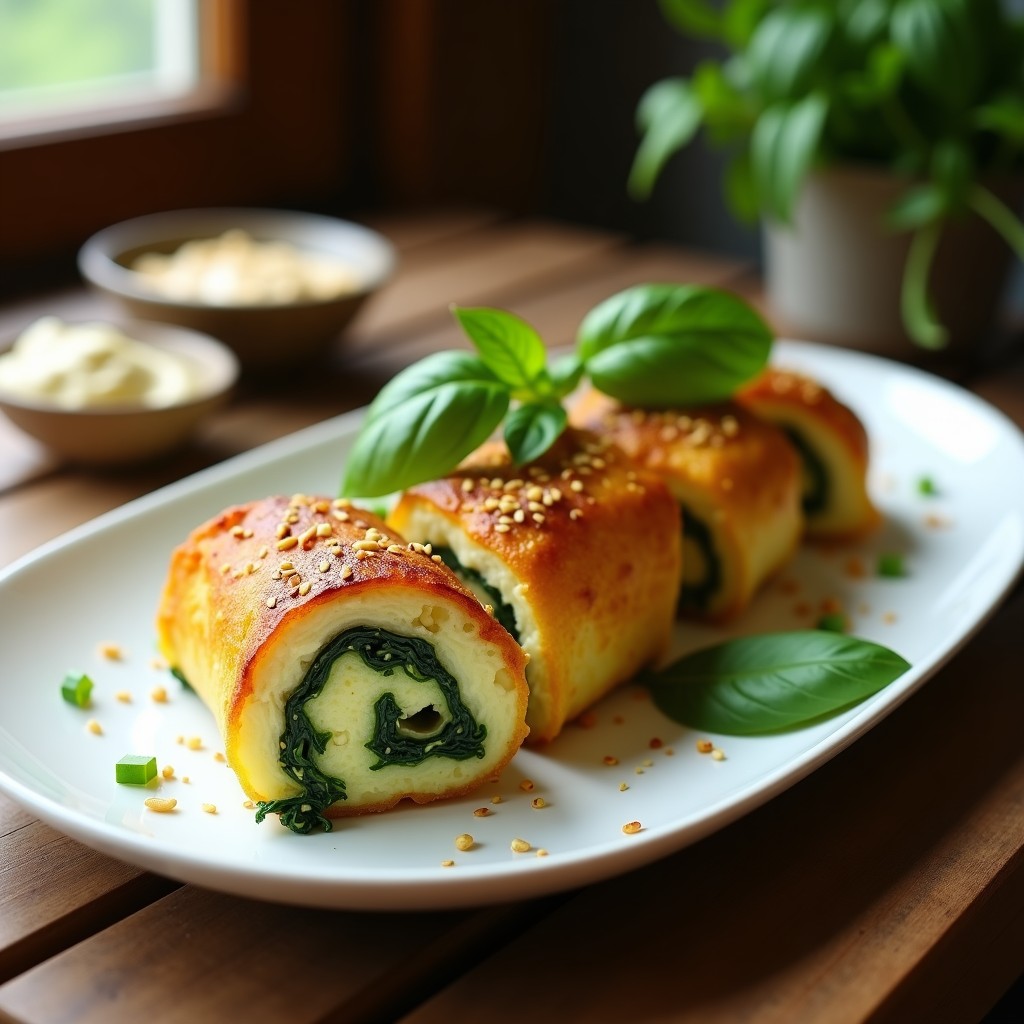 Rollitos de calabacín rellenos de queso de anacardos y espinacas en airfryer, dorados por fuera y con semillas de sésamo, servidos en un plato blanco sobre fondo rústico.