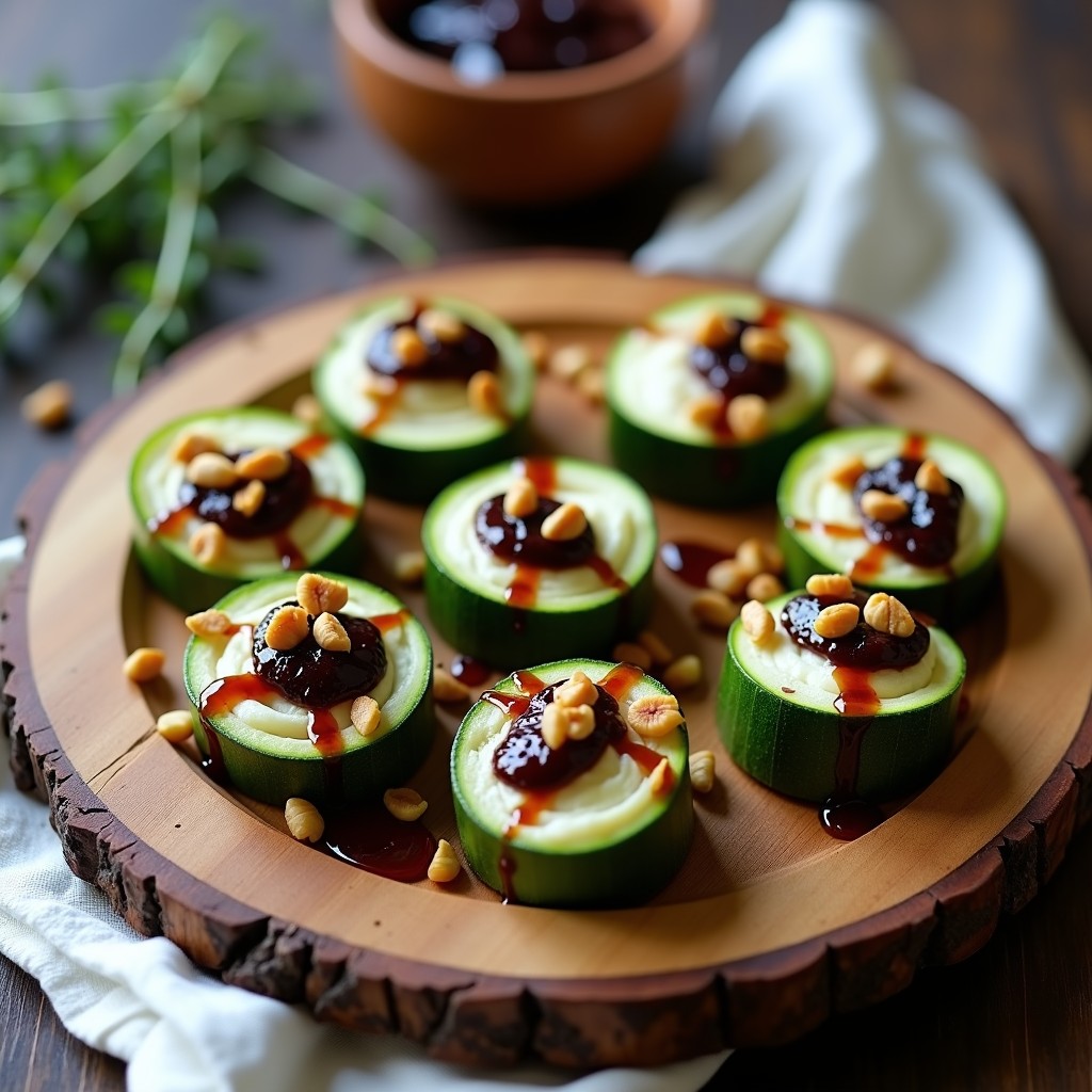 Rollitos de calabacín con queso de cabra y mermelada de higo sobre bandeja de madera, aperitivo francés elegante y crujiente con toque dulce.