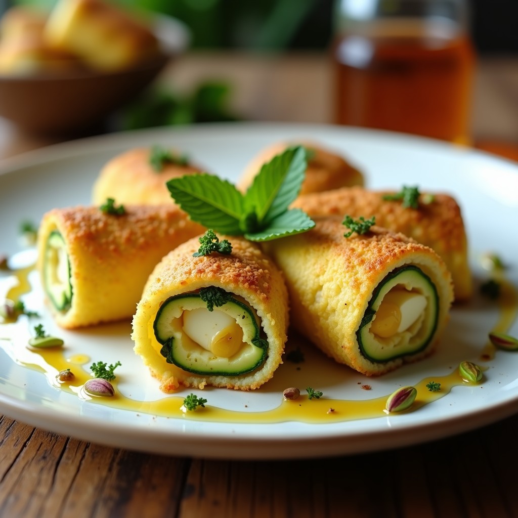 Rollitos de calabacín rellenos de queso de cabra y pistacho en airfryer, dorados y crujientes, servidos en plato blanco con hilo de miel y pistachos picados por encima. Entrante griego saludable y elegante.