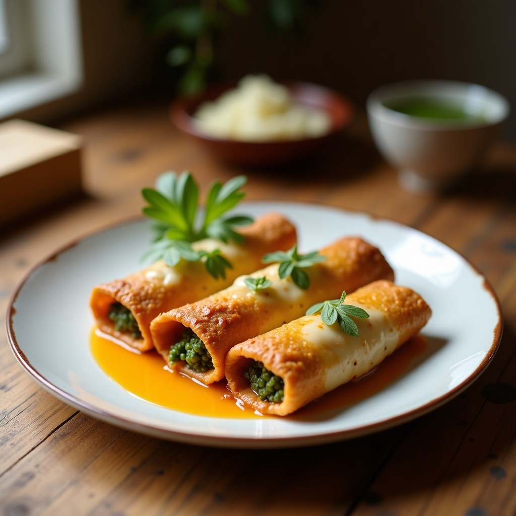 Fuente blanca con rollitos de calabacín verdes rellenos de queso feta y aceitunas kalamata, decorados con hojas de albahaca y piñones tostados. Aperitivo mediterráneo fresco y elegante.