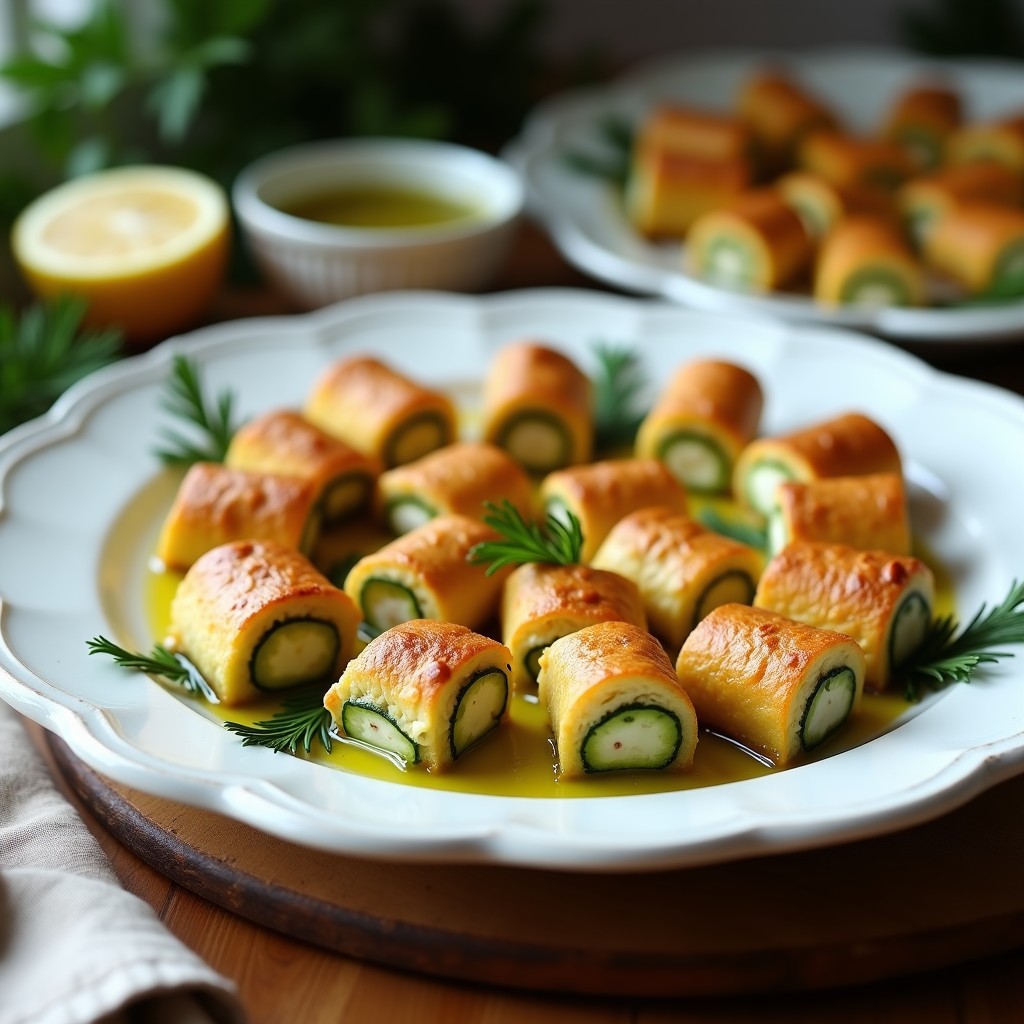 Rollitos de calabacín keto rellenos de queso feta y hierbas, dorados y crujientes, servidos en una bandeja blanca con un toque de eneldo fresco y aceite de oliva, receta griega en Thermomix.