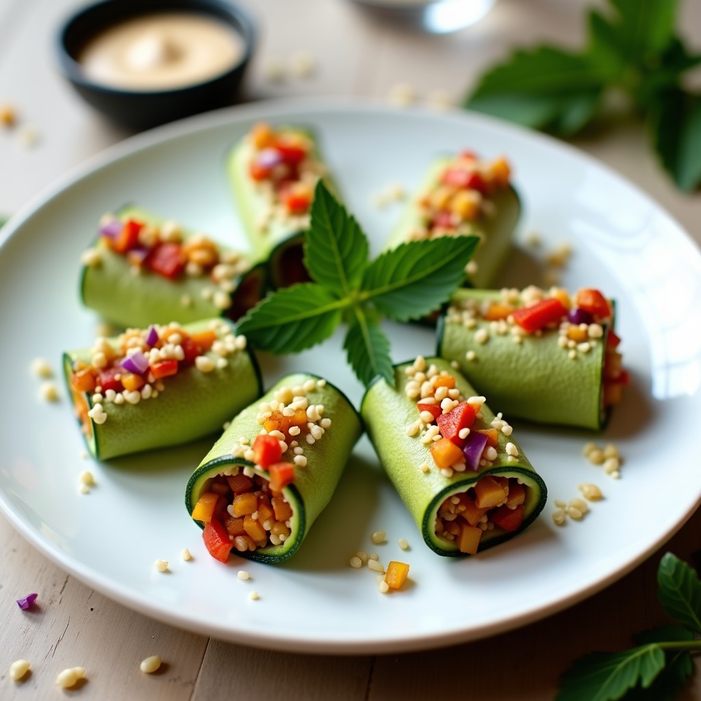 Rollitos de calabacín verde rellenos de quinoa y pimientos asados rojos y amarillos, servidos en una fuente blanca con decoración de perifollo fresco y almendras fileteadas, receta vegana y sin horno.