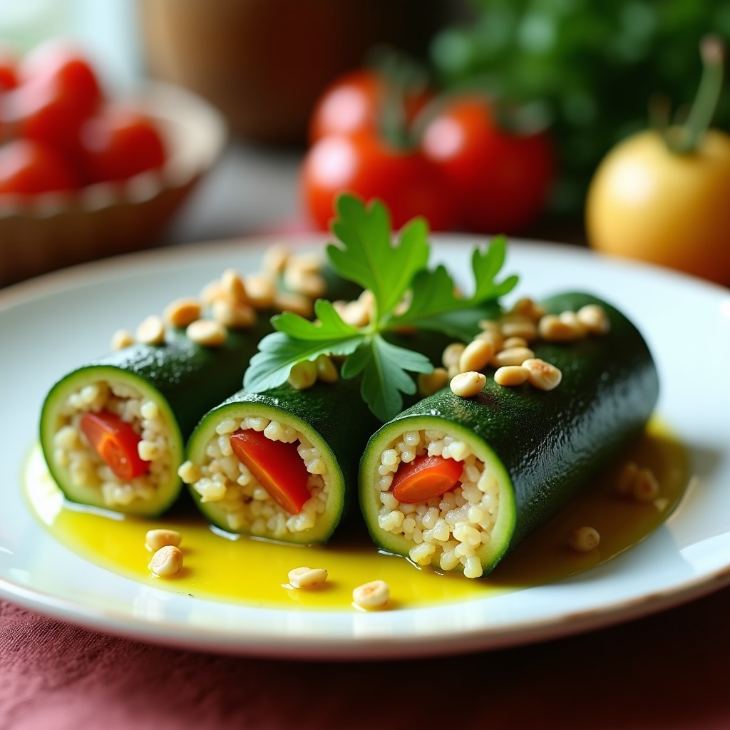 Rollitos de calabacín verde claro rellenos de quinoa, tomates secos y piñones, cocinados al vapor y servidos en un plato blanco con perejil fresco y un hilo de aceite de oliva. Receta vegana, saludable y baja en calorías.