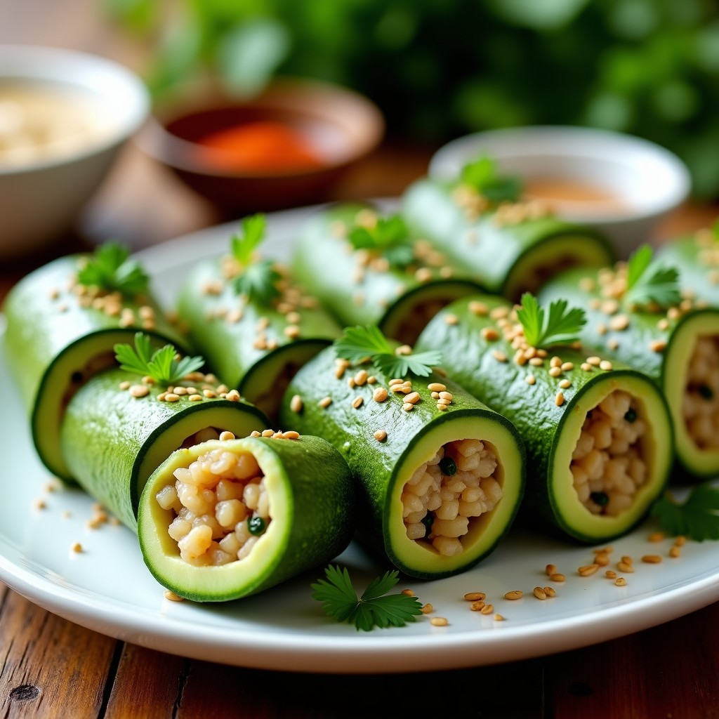Rollitos de calabacín rellenos de quinoa y pepino dispuestos en bandeja de madera, con sésamo tostado por encima y hojas de cilantro fresco. Aperitivo árabe crudivegano sin horno, fresco y colorido.