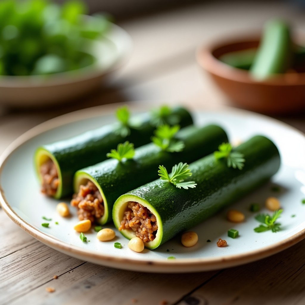 Rollitos de calabacín verde rellenos de carne picada de soja texturizada, servidos en plato blanco rústico con perejil fresco espolvoreado. Receta en olla lenta y sin gluten.
