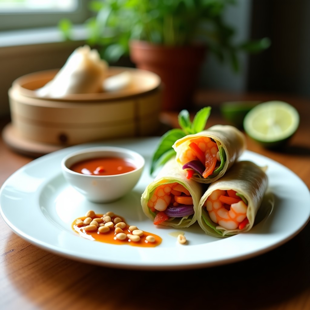 Plato blanco con rollitos de col china y gambas cortados en diagonal, servidos con salsa de tamarindo y miel de agave, espolvoreados con cacahuetes y decorados con hojas de menta fresca. Receta tailandesa en wok.