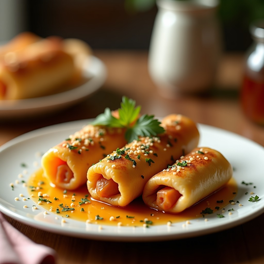 Rollitos de col china y zanahoria dorados y crujientes sobre un plato blanco, acompañados de un cuenco con salsa de sésamo y miel espesa. Decorados con semillas de sésamo tostadas y hojas de cilantro fresco. Receta china en airfryer.