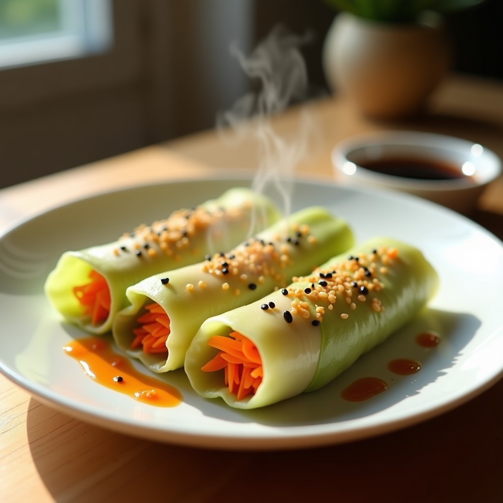 Rollitos de col china rellenos de zanahoria y jengibre al vapor, servidos en un plato de cerámica blanca con semillas de sésamo negro espolvoreadas y una salsa de tamari al lado, receta vegana y sin gluten.