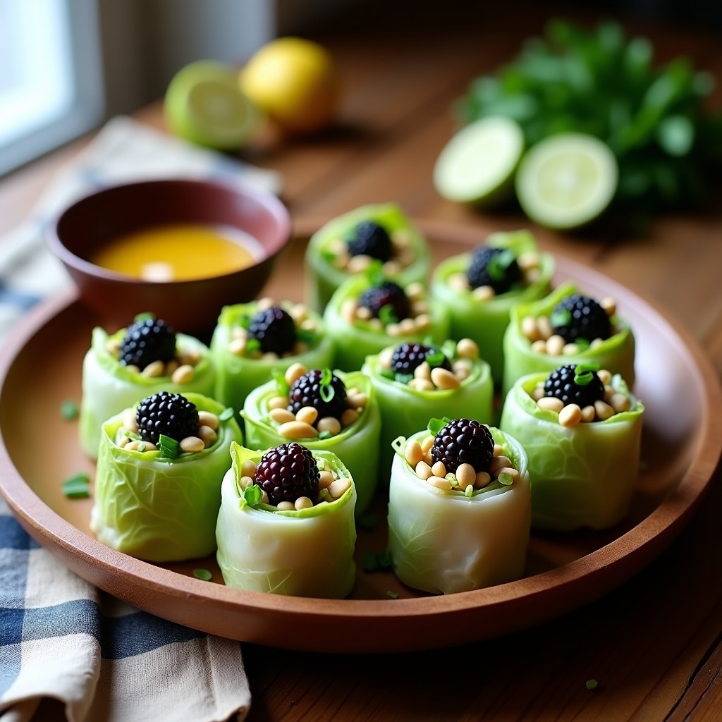 Rollitos de col china fresca rellenos de zarzamoras, cebollino y cacahuetes, servidos en bandeja de madera con salsa de mostaza tailandesa al lado. Decorados con semillas de sésamo negro y zarzamoras enteras.