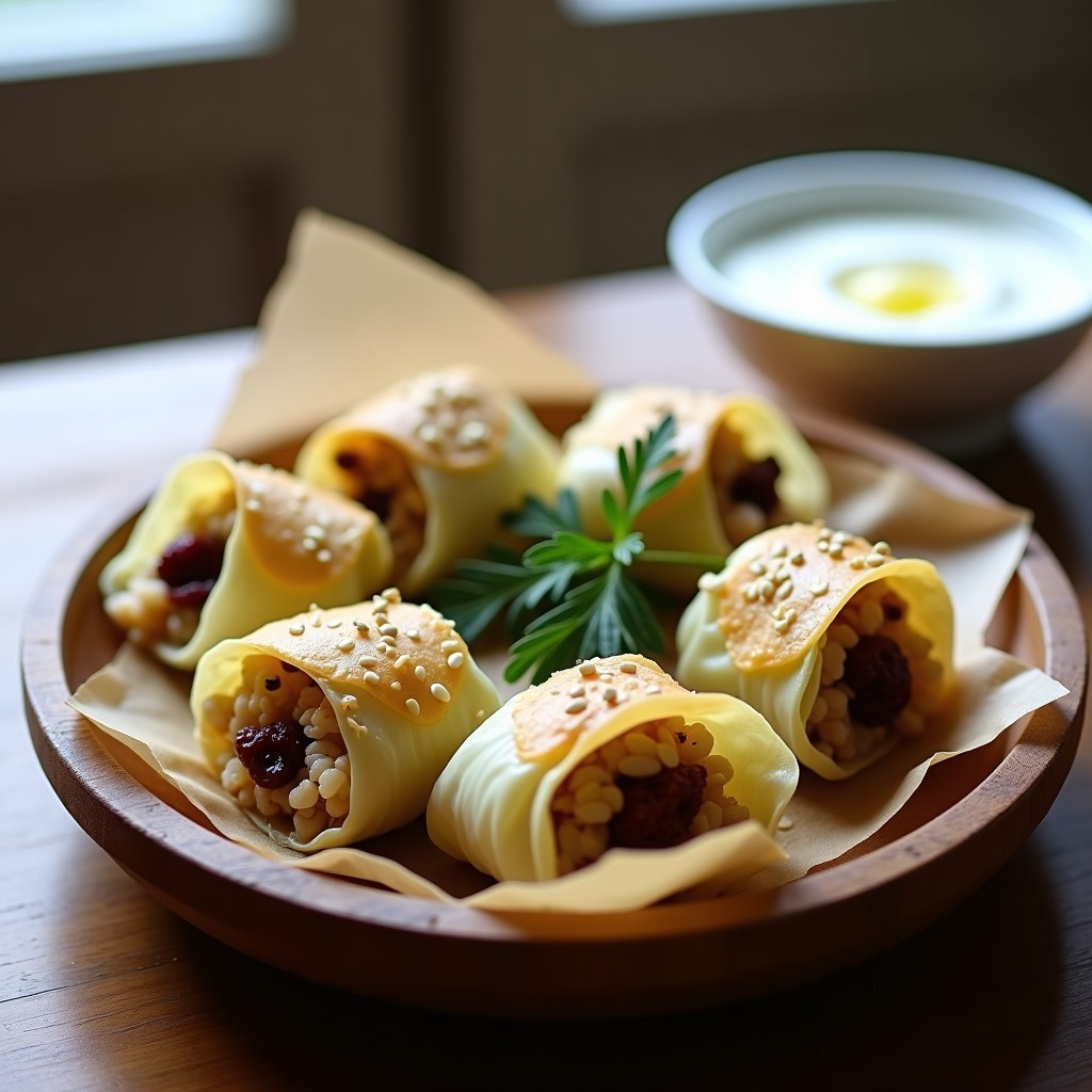 Rollitos de col blanca crujientes rellenos de arroz salvaje y arándanos, dorados en Airfryer, servidos en plato de madera rústico con salsa de yogur y eneldo fresco.