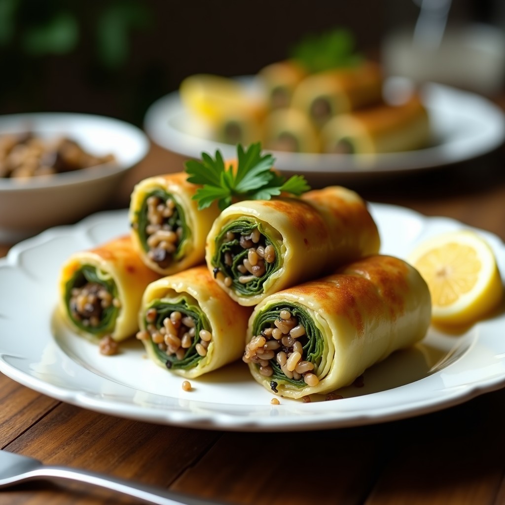 Rollitos de col verde rellenos de arroz salvaje y champiñones portobello, dorados y crujientes, servidos en un plato blanco con perejil fresco y rodajas de limón, receta vegana en airfryer.
