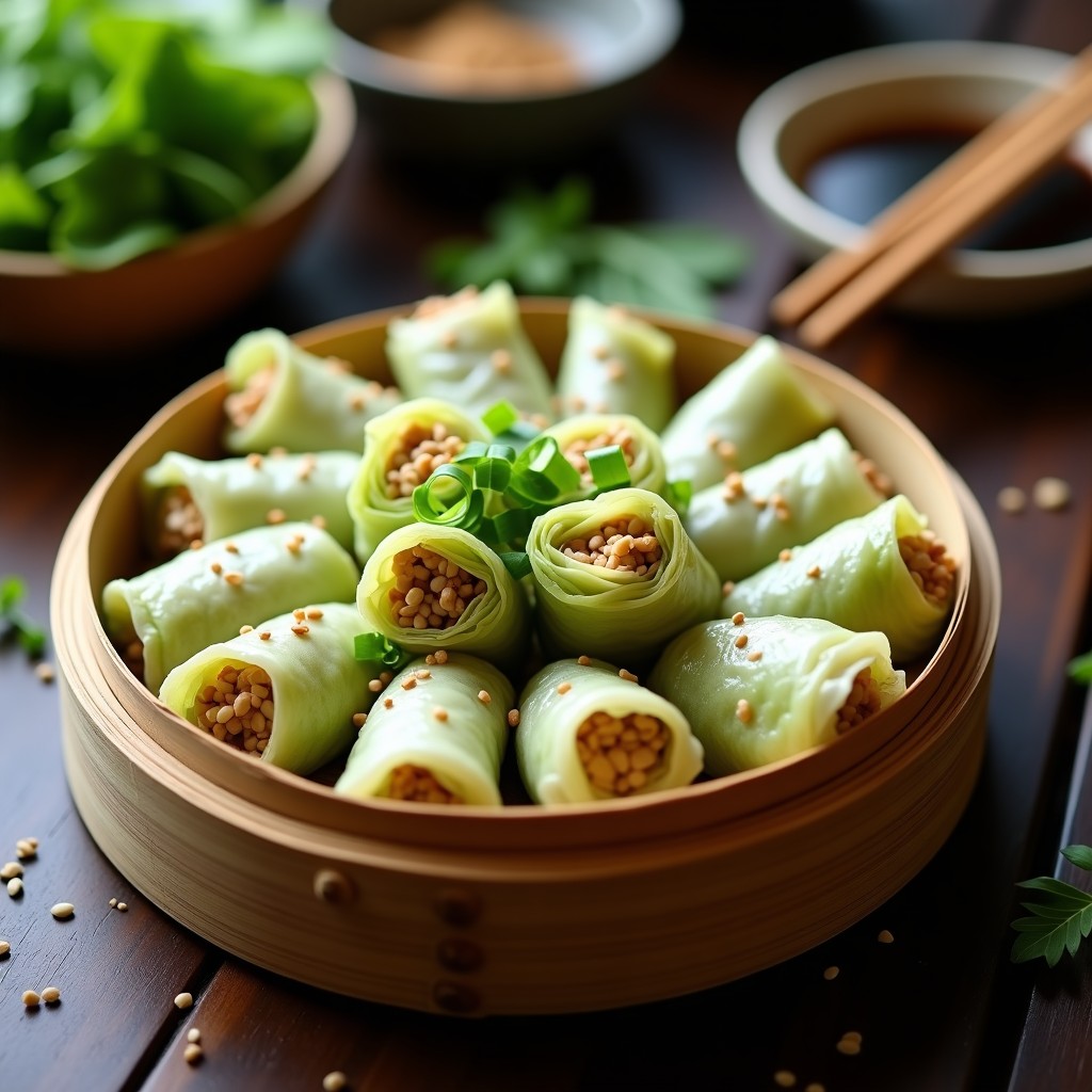 Rollitos de Col Rellena de Arroz Salvaje y Setas Shitake: Receta China Vegana al Vapor