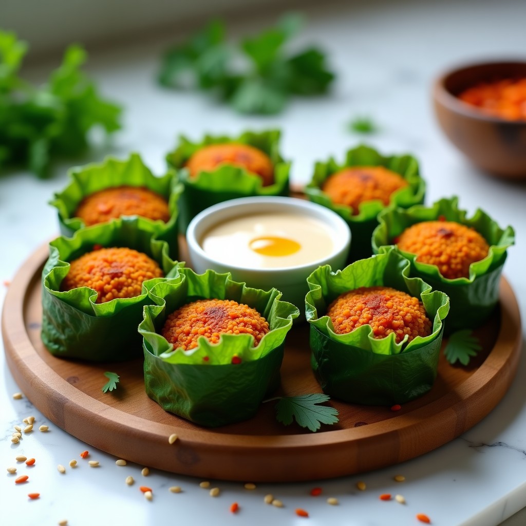 Rollitos de col rizada verdes rellenos de falafel de garbanzos y zanahoria, servidos en bandeja de madera con salsa de tahini cremosa en un bol pequeño, aperitivo crudivegano fresco y colorido.