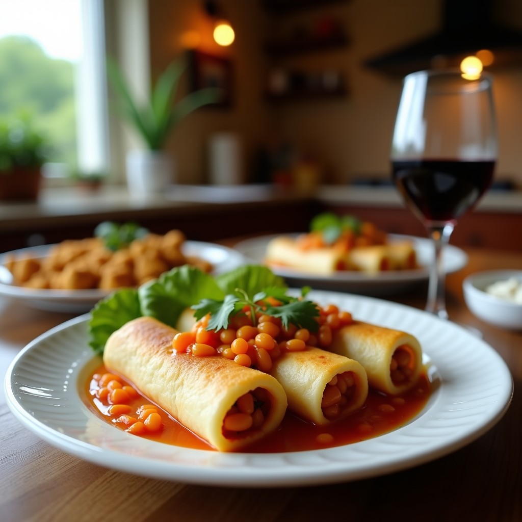 Rollitos de col rizada verde oscuro rellenos de una mezcla dorada de garbanzos y pasas, espolvoreados con sésamo tostado y perejil fresco, servidos en una bandeja de madera con un bol pequeño de salsa tahini al lado. Receta de entrante marroquí crujiente y vegano.