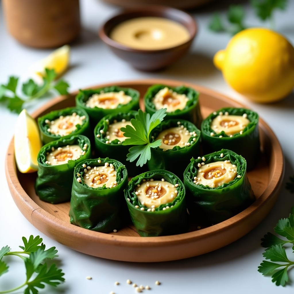 Rollitos de col rizada rellenos de garbanzos y tahini, dispuestos en una fuente de madera con semillas de sésamo espolvoreadas, acompañados de rodajas de limón y perejil fresco. Receta crudivegana sin cocción.