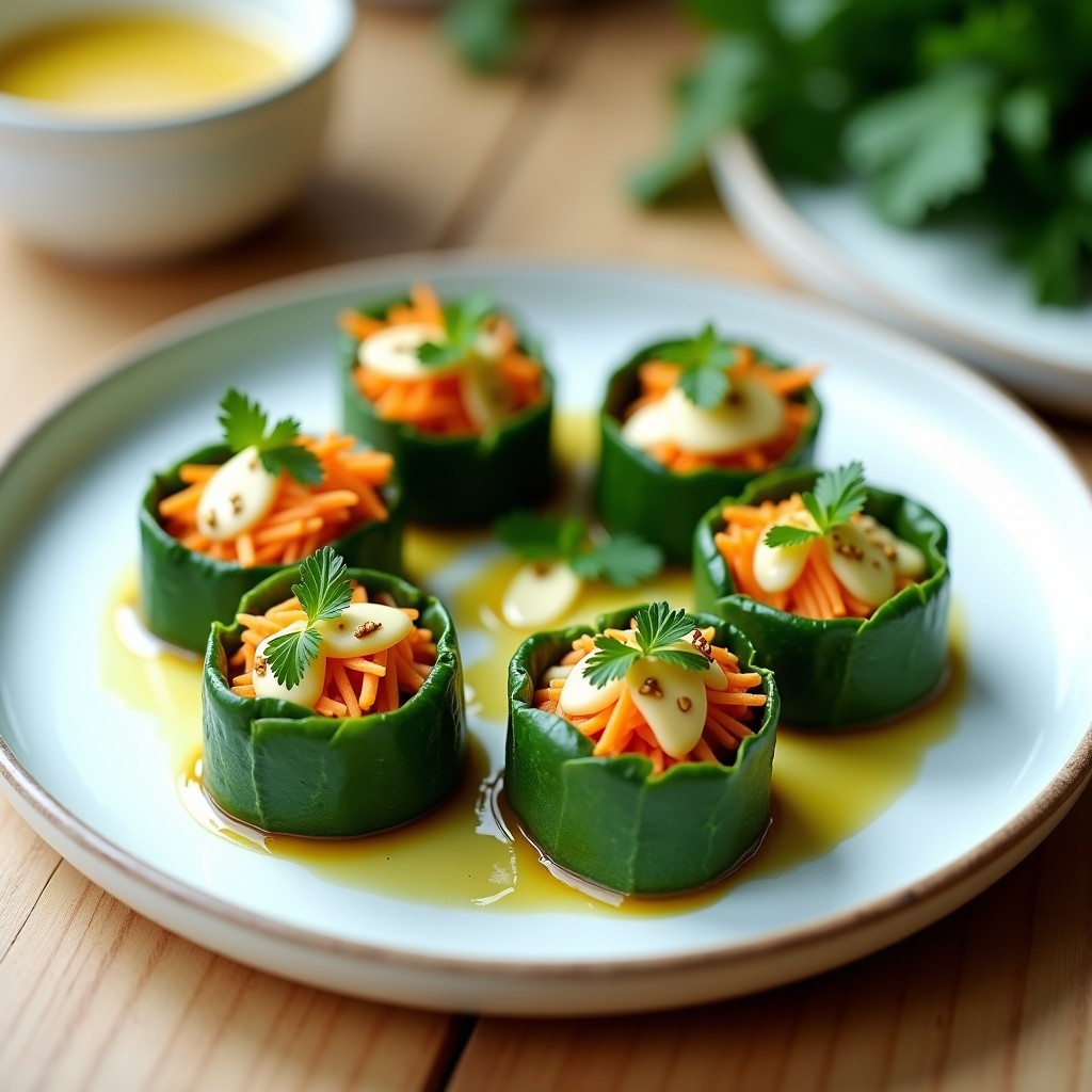 Plato blanco con rollitos de col rizada rellenos de queso de anacardos cremoso, zanahoria rallada y apio, bañados en vinagreta de mostaza, decorados con semillas de sésamo y perejil fresco. Receta crudivegana y sin gluten.