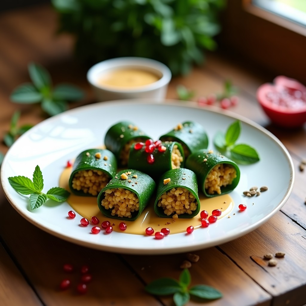 Rollitos de col rizada rellenos de quinoa y pasas, servidos en bandeja de madera con salsa de tahini y decorados con almendras fileteadas y hojas de menta fresca. Receta crudivegana con toque persa.