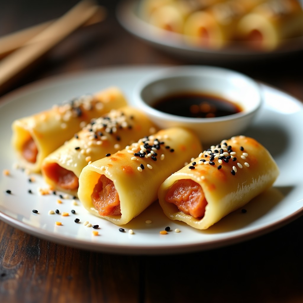 Rollitos de col china dorados y crujientes rellenos de tofu sedoso y ciruelas umeboshi, servidos en un plato de cerámica blanca con semillas de sésamo espolvoreadas y acompañados de salsa de soja con jengibre rallado. Receta japonesa en airfryer.