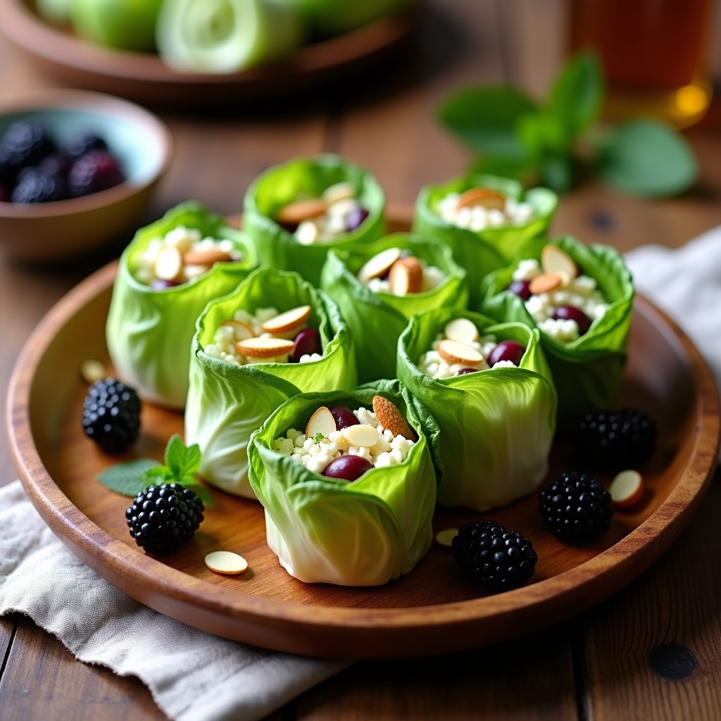 Rollitos de col china fresca enrollados con relleno cremoso de queso de cabra y zarzamoras, decorados con almendras tostadas, hojas de menta y un hilo de miel de tomillo sobre una bandeja de madera rústica.