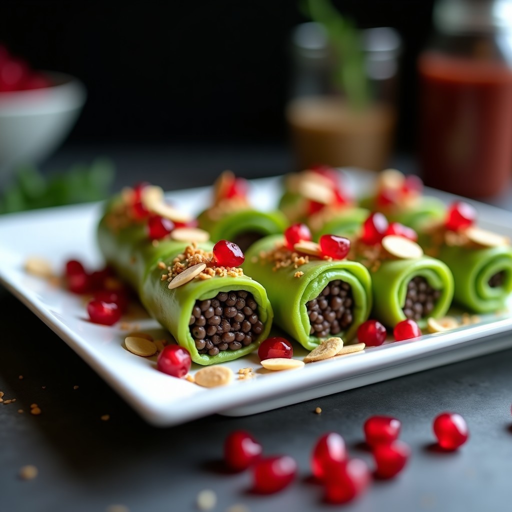 Bandeja blanca con rollitos de endivia rellenos de paté de lentejas beluga oscuro, coronados con granos de granado rojos brillantes y hojas de menta verde. Plato elegante y colorido, ideal como entrante vegano.