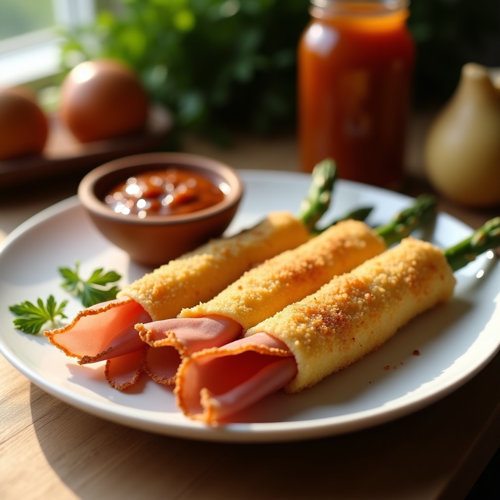 Rollitos de espárrago blanco envueltos en jamón serrano dorados y crujientes, servidos en plato de cerámica blanca con salsa romesco espesa de color rojizo en un cuenco apartado. Fondos desenfocados de ingredientes como almendras y ñoras.