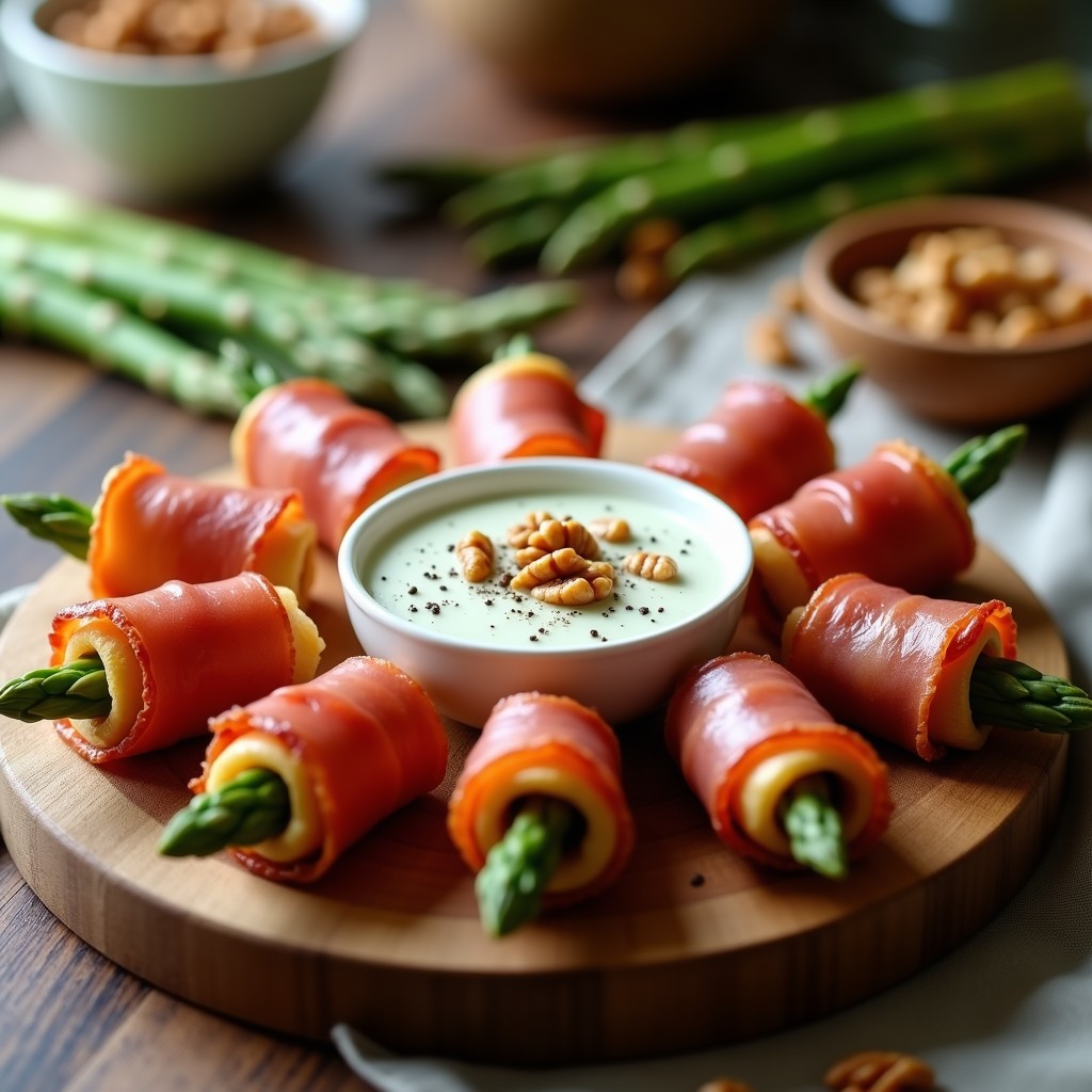 Rollitos dorados de espárragos trigueros y jamón serrano sobre una bandeja de madera, acompañados de un bol de salsa cremosa de queso azul con nueces. Receta española gourmet en 20 minutos.