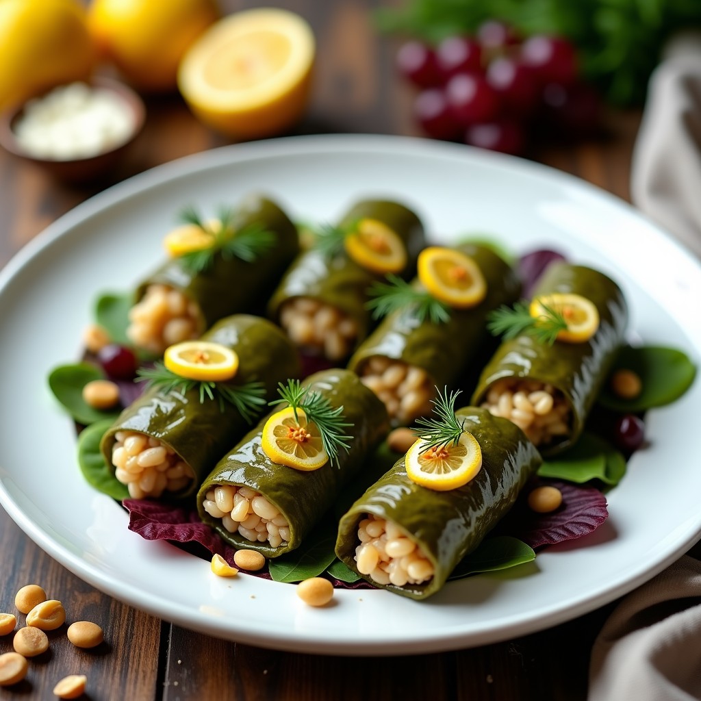 Plato blanco con rollitos de hoja de parra rellenos de arroz salvaje y limón confitado, decorados con eneldo fresco y rodajas de limón, servidos sobre hojas de lechuga. Receta griega vegana en Thermomix.