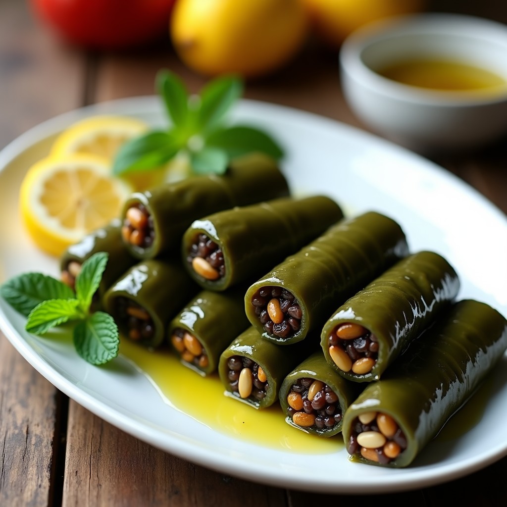Rollitos de hoja de parra rellenos de arroz silvestre y pasas, dispuestos en una fuente de cerámica blanca con hierbas frescas y rodajas de limón, entrante armenio vegano.