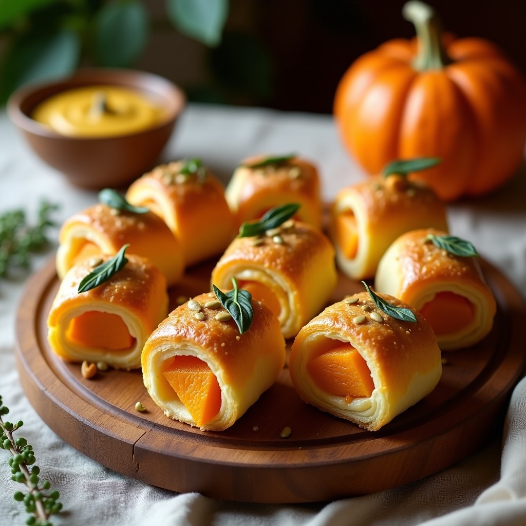 Rollitos dorados y crujientes de hojaldre vegano rellenos de calabaza asada y queso de castaña, dispuestos en una fuente de madera rústica con hojas de tomillo fresco y semillas de calabaza espolvoreadas. Entrante francés vegano en Airfryer.
