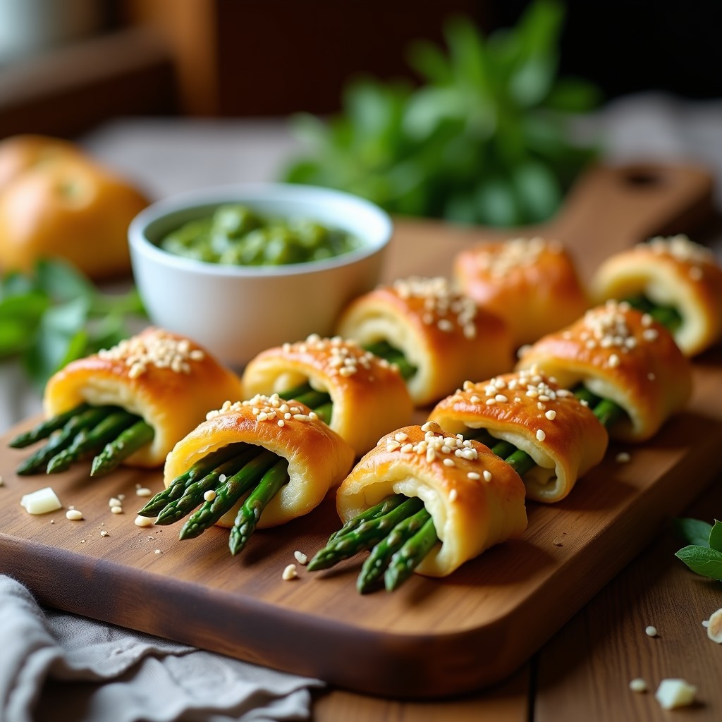 Rollitos de hojaldre dorados y crujientes rellenos de espárragos trigueros verdes, servidos sobre una tabla de madera rústica con pesto de rúcula cremoso al lado. Receta de rollitos de hojaldre de espárragos trigueros y pesto de rúcula en airfryer.