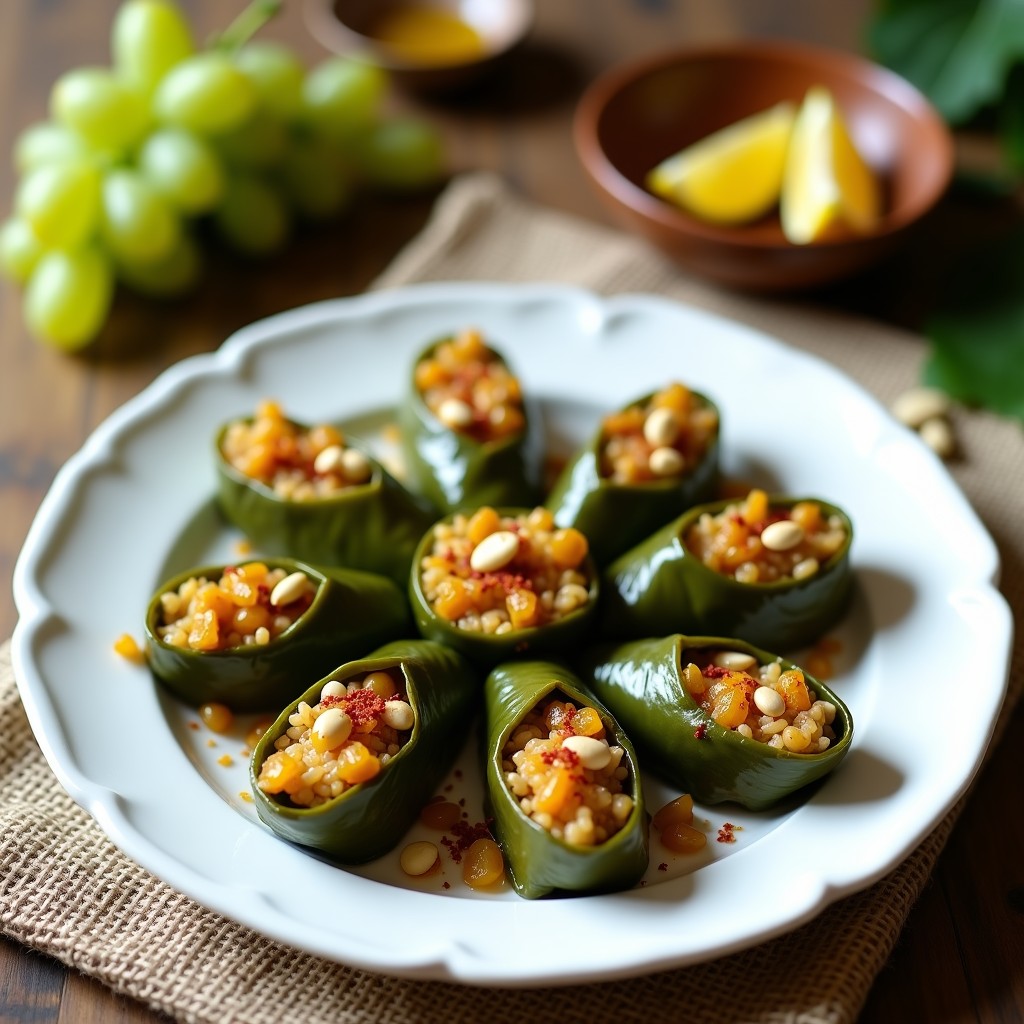 Plato blanco con rollitos de hojas de parra rellenos de arroz basmati y pasas, decorados con perejil fresco y sumac, servidos sobre una base de hojas verdes. Receta armenia vegana en 30 minutos.