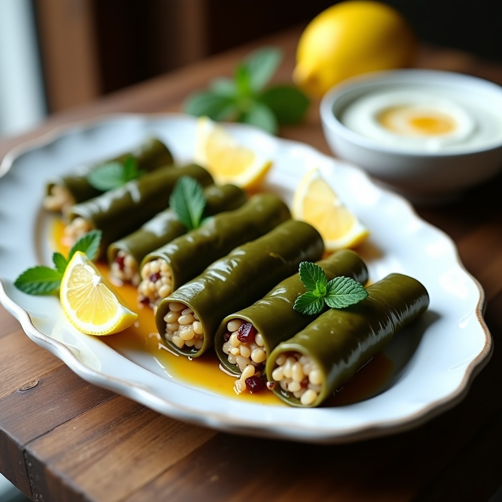 Plato blanco ovalado con rollitos de hojas de parra con arroz salvaje, decorados con gajos de limón y hojas de menta fresca, servidos con salsa de yogur griego y limón.