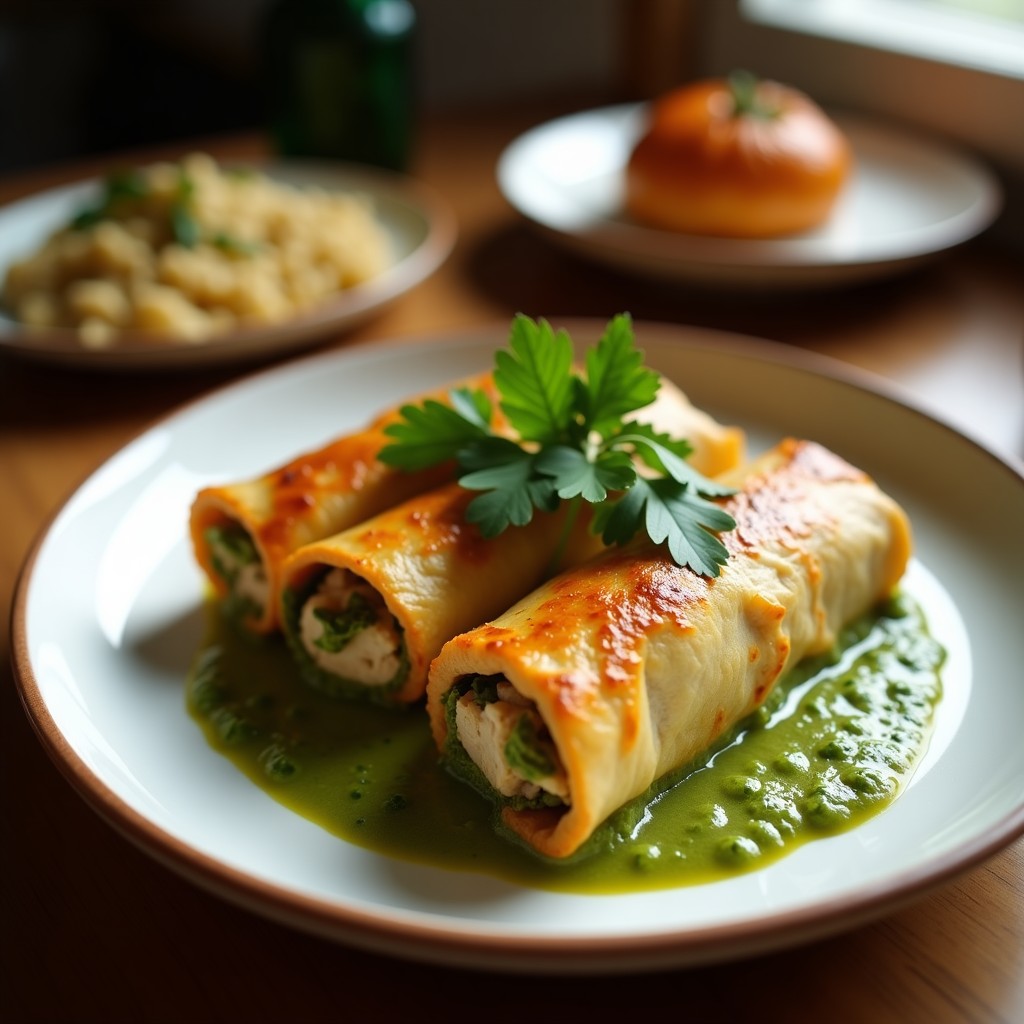 Rollitos de lecca dorados y crujientes rellenos de pollo y pesto de cilantro, servidos en un plato blanco con salsa verde. Receta vieta en airfryer lista en 15 minutos.