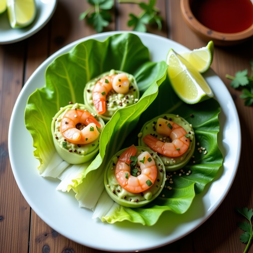 Rollitos de lechuga romana rellenos de mezcla cremosa de aguacate y langostinos, decorados con semillas de sésamo y cilantro fresco, servidos en bandeja blanca sobre fondo rústico. Receta keto y baja en calorías.