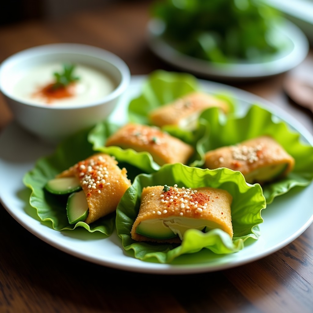 Rollitos de lechuga romana rellenos de aguacate cremoso, zanahoria y pimiento rojo, dorados en airfryer, servidos con salsa de yogur de coco y decorados con semillas de sésamo. Plato vegano y sin gluten con textura crujiente.