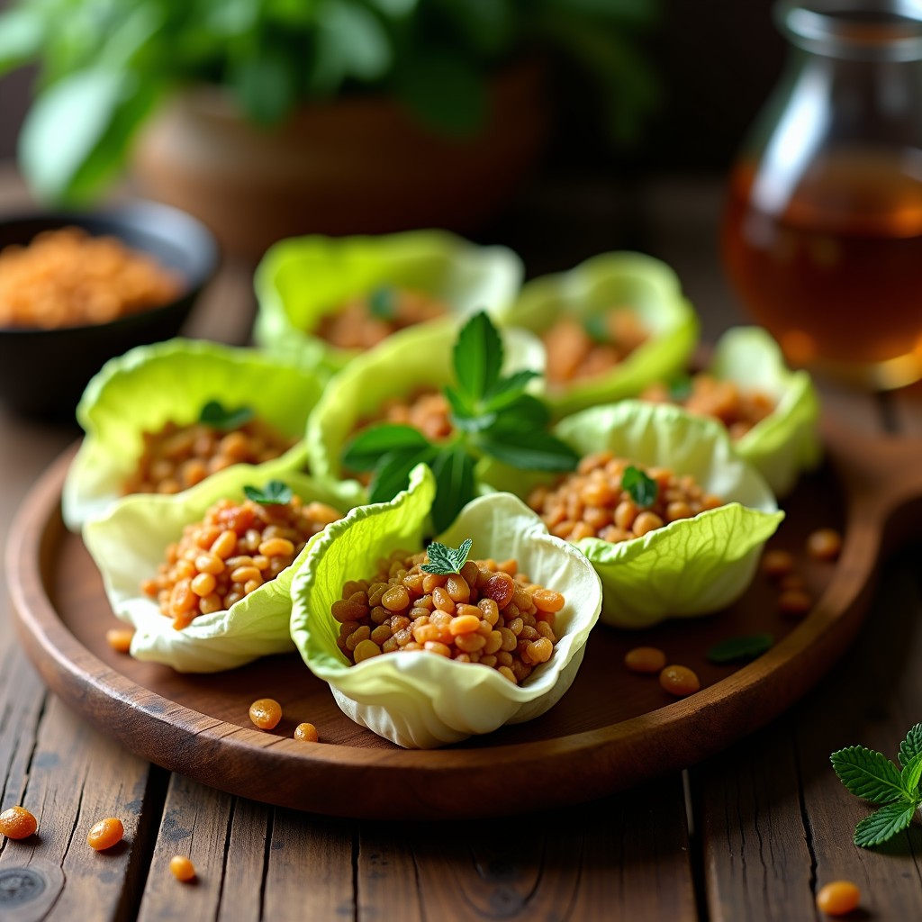 Rollitos de lechuga romana rellenos de arroz salvaje y pasas de Damasco, espolvoreados con sésamo tostado y pistachos picados, presentados en un plato de cerámica blanca con detalles dorados, aperitivo iraní crujiente.