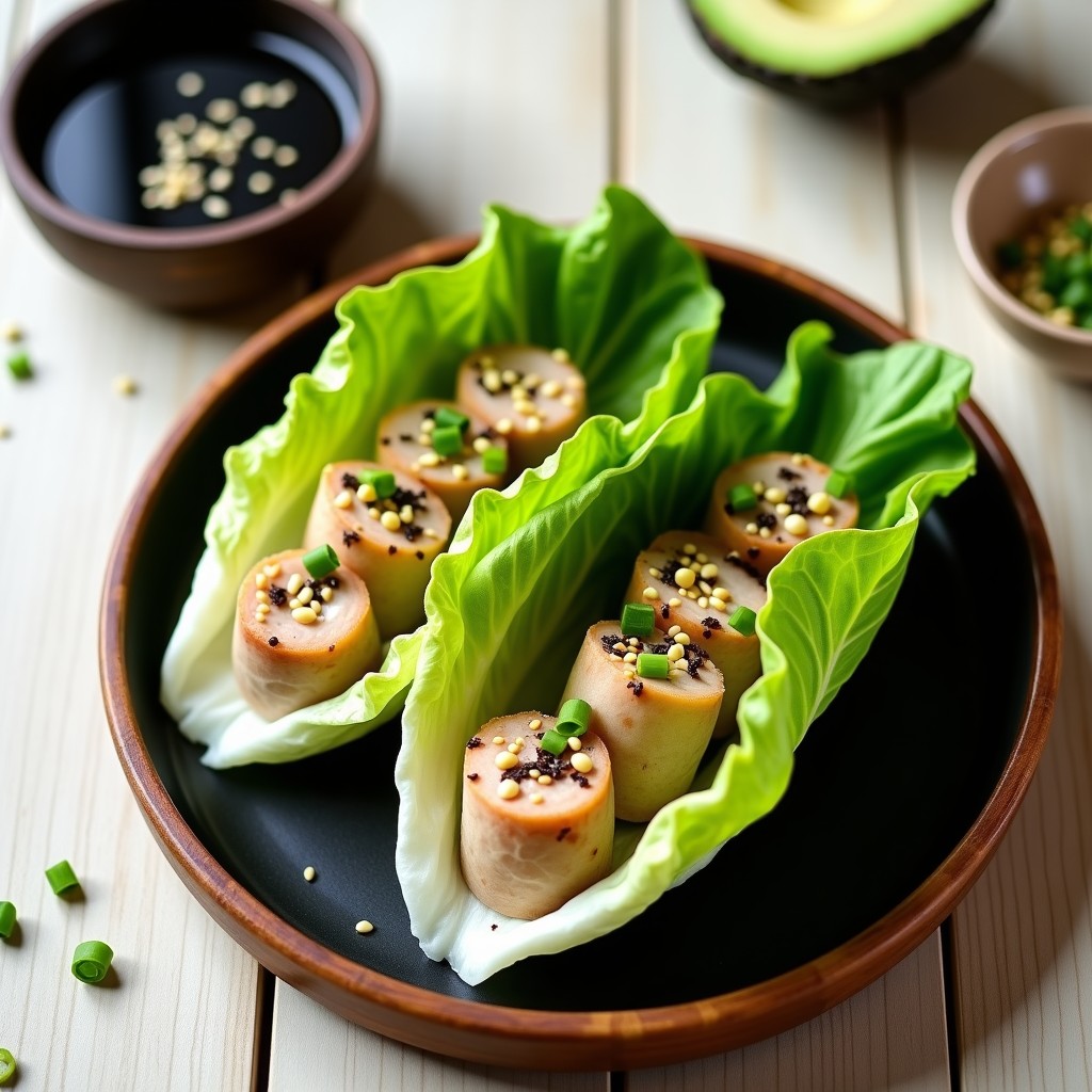 Rollitos de lechuga romana fresca rellenos de mezcla cremosa de atún y aguacate, decorados con semillas de sésamo y copos de alga nori. Plato japonés bajo en carbohidratos sobre bandeja de bambú con salsa de soja al lado.