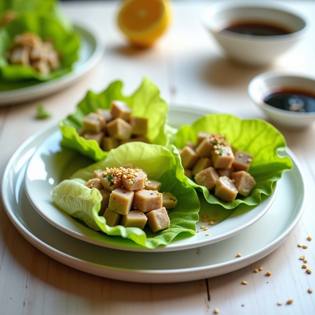 Rollitos de lechuga romana fresca rellenos de una mezcla cremosa de atún y aguacate, espolvoreados con semillas de sésamo tostadas, servidos en una fuente blanca sobre un fondo de madera clara.